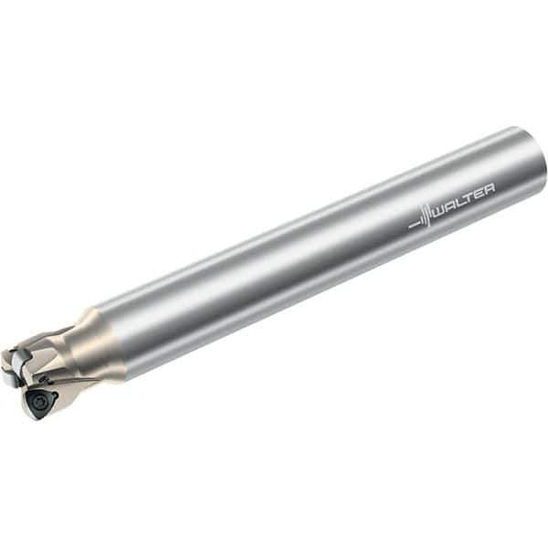 Walter - 21° Lead Angle, 1-1/4" Max Cut Diam, 0.793" Min Cut Diam, 0.039" Max Depth of Cut, Indexable Chamfer & Angle End Mill - 3 Inserts, P23696 Insert Style, 10" OAL, Through Coolant, Straight Shank - Exact Industrial Supply