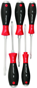5 Piece - SoftFinish® Cushion Grip Extra Heavy Duty Screwdriver w/ Hex Bolster & Metal Striking Cap Set - #53075 - Includes: Slotted 4.5 - 6.5mm Phillips #1 - 2 - Extra Heavy Duty - Exact Industrial Supply