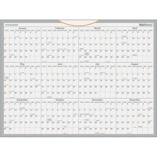 AT-A-GLANCE - 1 Sheet, 24 x 18", Erasable Wall Calendar - Gray, White & Orange - Exact Industrial Supply