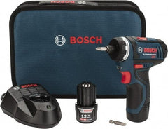 Bosch - 12 Volts, Lithium-Ion Battery, 1/4 Inch Keyless Chuck, Pistol Grip Cordless Drill - 600 RPM, 265 Inch/Lbs. Torque, 2 Speed, Reversible, Includes (2) Lithium-Ion 12V Max Batteries, 30 Minute Charger, Carrying Case - Exact Industrial Supply