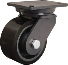 Hamilton - 6" Diam x 3" Wide x 8" OAH Top Plate Mount Swivel Caster - Polyurethane Mold onto Cast Iron Center, 2,860 Lb Capacity, Tapered Roller Bearing, 5-1/4 x 7-1/4" Plate - Exact Industrial Supply