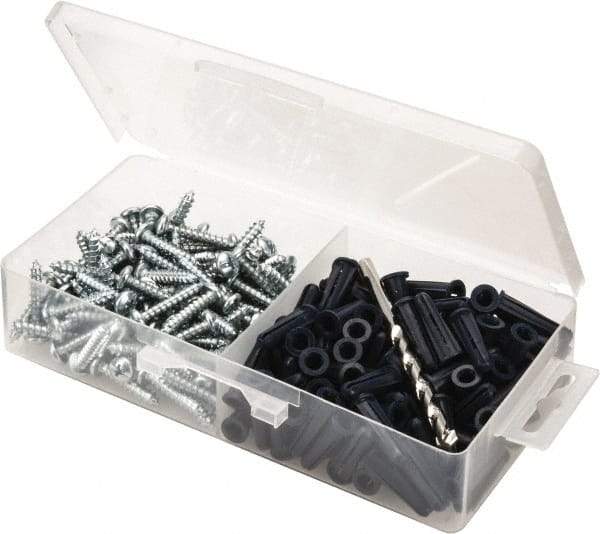 Value Collection - 200 Piece, #10 to 12 Screw, Plastic & Steel Slotted/Phillips Drive Anchor Assortment - Zinc Plated, 1" Long - Exact Industrial Supply