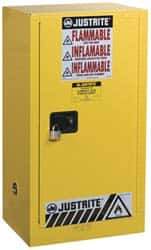 Justrite - 1 Door, 1 Shelf, Yellow Steel Space Saver Safety Cabinet for Flammable and Combustible Liquids - 44" High x 23-1/4" Wide x 18" Deep, Self Closing Door, 15 Gal Capacity - Exact Industrial Supply