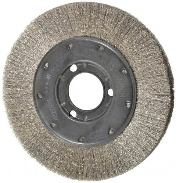 Osborn - 6" OD, 1-1/4" Arbor Hole, Crimped Stainless Steel Wheel Brush - 5/8" Face Width, 1-1/8" Trim Length, 0.005" Filament Diam, 6,000 RPM - Exact Industrial Supply