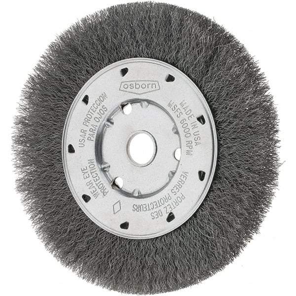 Osborn - 6" OD, 5/8" Arbor Hole, Crimped Steel Wheel Brush - 5/8" Face Width, 1-1/8" Trim Length, 0.008" Filament Diam, 6,000 RPM - Exact Industrial Supply