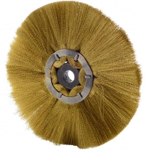 Osborn - 6" OD, 1/2" Arbor Hole, Crimped Brass Wheel Brush - 1/2" Face Width, 1-7/8" Trim Length, 0.005" Filament Diam, 4,000 RPM - Exact Industrial Supply