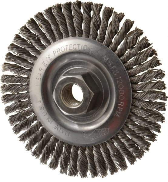 Osborn - 4" OD, 5/8-11 Arbor Hole, Knotted Steel Wheel Brush - 3/16" Face Width, 1" Trim Length, 0.02" Filament Diam, 12,000 RPM - Exact Industrial Supply