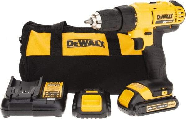 DeWALT - 20 Volt 1/2" Chuck Pistol Grip Handle Cordless Drill - 0-450 & 0-1500 RPM, Single-Sleeve Ratcheting Chuck, Reversible, 2 Lithium-Ion Batteries Included - Exact Industrial Supply