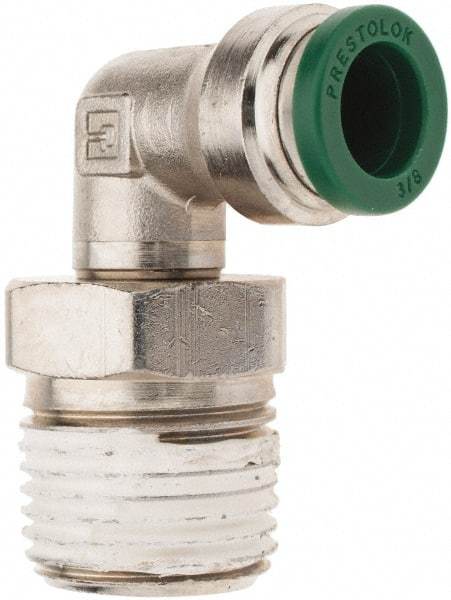 Parker - 3/8" Outside Diam, 1/2 NPTF, Nickel Plated Brass Push-to-Connect Tube Male Swivel Elbow - 300 Max psi, Tube to Male NPT Connection, Nitrile O-Ring - Exact Industrial Supply