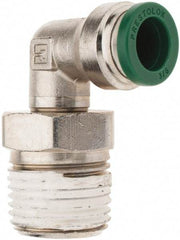 Parker - 3/8" Outside Diam, 1/2 NPTF, Nickel Plated Brass Push-to-Connect Tube Male Swivel Elbow - 300 Max psi, Tube to Male NPT Connection, Nitrile O-Ring - Exact Industrial Supply