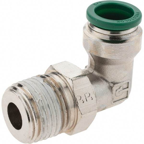 Parker - 1/2" Outside Diam, 1/2 NPTF, Nickel Plated Brass Push-to-Connect Tube Male Swivel Elbow - 300 Max psi, Tube to Male NPT Connection, Nitrile O-Ring - Exact Industrial Supply
