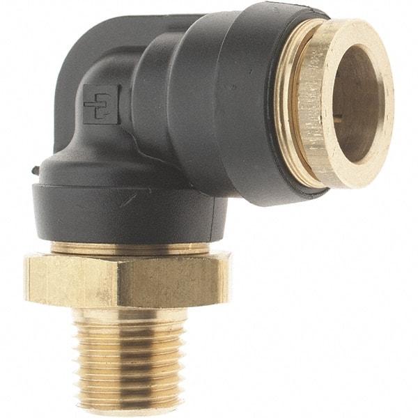 Parker - 1/2" Outside Diam, 1/4 Thread, Brass Push-to-Connect Tube Male Elbow - 250 Max psi, Tube to Male NPT Connection - Exact Industrial Supply