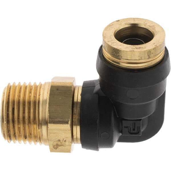 Parker - 3/8" Outside Diam, 3/8 Thread, Brass Push-to-Connect Tube Male Elbow - 250 Max psi, Tube to Male NPT Connection - Exact Industrial Supply