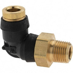 Parker - 1/4" Outside Diam, 1/8 Thread, Brass Push-to-Connect Tube Male Elbow - 250 Max psi, Tube to Male NPT Connection - Exact Industrial Supply