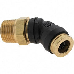 Parker - 3/8" Outside Diam, 3/8 Thread, Brass Push-to-Connect Tube Male 45° Elbow - 250 Max psi, Tube to Male NPT Connection - Exact Industrial Supply