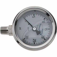 Value Collection - 2-1/2" Dial, 1/4 Thread, 0-30 Scale Range, Pressure Gauge - Lower Connection Mount, Accurate to 2-1-2% of Scale - Exact Industrial Supply