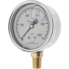 Value Collection - 2-1/2" Dial, 1/4 Thread, 0-1,000 Scale Range, Pressure Gauge - Lower Connection Mount, Accurate to 2-1-2% of Scale - Exact Industrial Supply