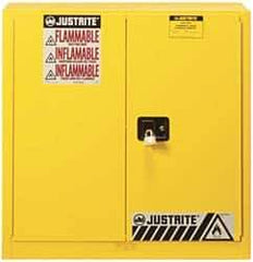 Justrite - 2 Door, 3 Shelf, Yellow Steel Standard Safety Cabinet for Flammable and Combustible Liquids - 44" High x 43" Wide x 18" Deep, Manual Closing Door, 3 Point Key Lock, 40 Gal Capacity - Exact Industrial Supply