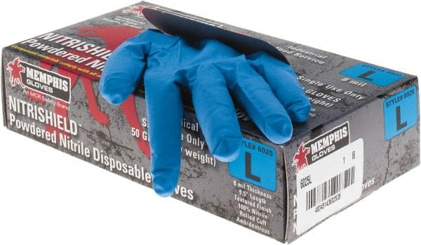 Disposable Gloves: Size Large, 8 mil, Nitrile, Powdered Blue, 9-1/2″ Length, FDA Approved