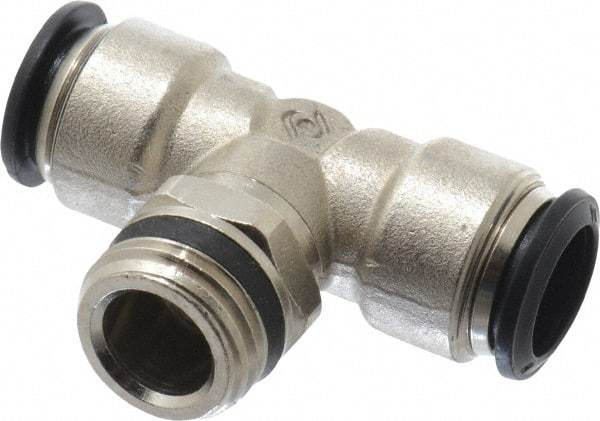 Alpha Technologies - 14mm Outside Diam, 1/2 Universal, Nickel Plated Brass Push-to-Connect Tube Male Swivel Branch Tee - 250 Max psi, Tube to Universal Thread Connection, Buna O-Ring - Exact Industrial Supply