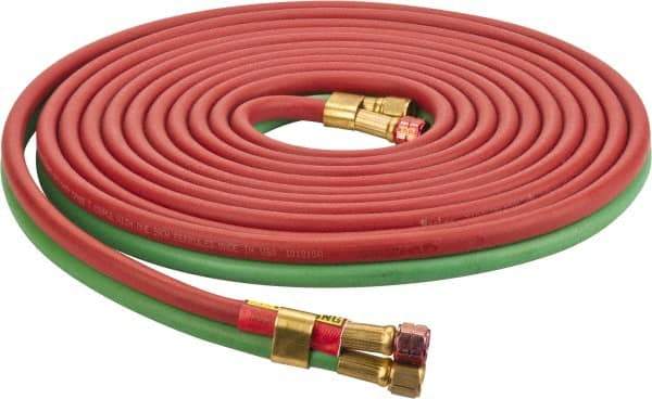 Parker - 1/4" Inside x 17/32" Outside Diam, Grade R Welding Hose - Green & Red, 25' Long, Twin Style, 200 psi Working Pressure - Exact Industrial Supply