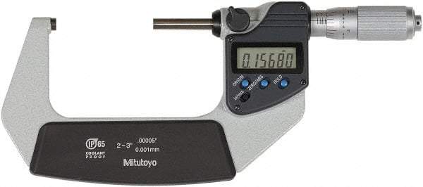 Mitutoyo - 2 to 3 Inch Range, 0 Inch Resolution, Standard Throat, IP65 Electronic Outside Micrometer - 0.0001 Inch Accuracy, Ratchet Friction Thimble, Rotating Spindle, SR44 Battery, Includes NIST Traceability Certification - Exact Industrial Supply