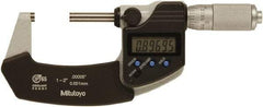 Mitutoyo - 1 to 2 Inch Range, 0 Inch Resolution, Standard Throat, IP65 Electronic Outside Micrometer - 0.0001 Inch Accuracy, Ratchet Friction Thimble, Rotating Spindle, SR44 Battery, Includes NIST Traceability Certification - Exact Industrial Supply