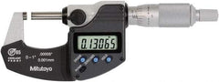 Mitutoyo - 0 to 1 Inch Range, 0.0001 Inch Resolution, Standard Throat, IP65 Electronic Outside Micrometer - 0.0001 Inch Accuracy, Ratchet Stop Thimble, Rotating Spindle, SR44 Battery, Includes NIST Traceability Certification - Exact Industrial Supply