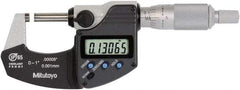 Mitutoyo - 0 to 1 Inch Range, 0 Inch Resolution, Standard Throat, IP65 Electronic Outside Micrometer - 0.0001 Inch Accuracy, Ratchet Stop Thimble, Rotating Spindle, SR44 Battery, Data Output, Includes NIST Traceability Certification - Exact Industrial Supply