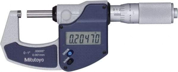 Mitutoyo - 0 to 1" Range, 0" Resolution, Standard Throat, Electronic Outside Micrometer - 0.0001" Accuracy, Friction Thimble, Rotating Spindle, SR44 Battery, Includes NIST Traceability Certification - Exact Industrial Supply