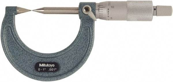 Mitutoyo - 1 Inch, 38mm Throat Depth, Ratchet Stop, Mechanical Point Micrometer - Accurate Up to 0.00015 Inch, 0.001 Inch Graduation, 30° Point Angle, 6.35mm Spindle Diameter - Exact Industrial Supply