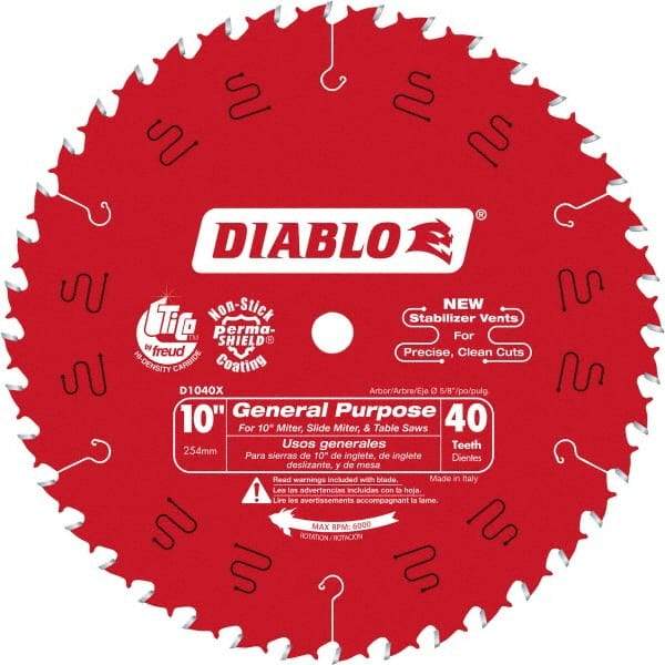 Freud - 10" Diam, 5/8" Arbor Hole Diam, 40 Tooth Wet & Dry Cut Saw Blade - Carbide-Tipped, Standard Round Arbor - Exact Industrial Supply