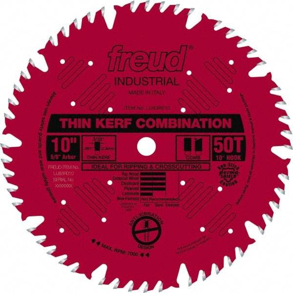 Freud - 10" Diam, 5/8" Arbor Hole Diam, 50 Tooth Wet & Dry Cut Saw Blade - Carbide-Tipped, Combination Action, Standard Round Arbor - Exact Industrial Supply