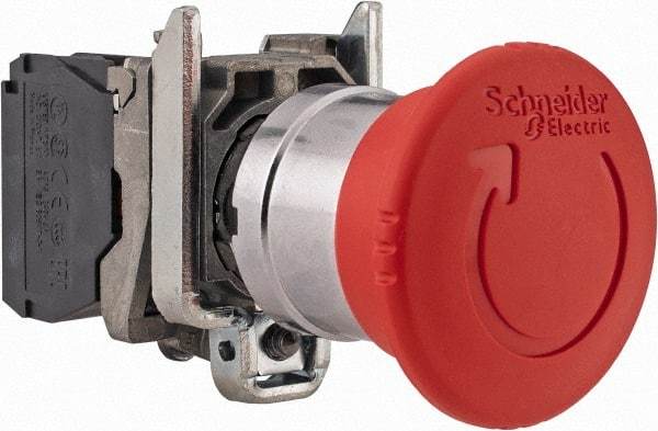 Schneider Electric - 22mm Mount Hole, Extended Mushroom Head, Pushbutton Switch Only - Round, Red Pushbutton, Nonilluminated, Trigger Action, Off, Shock and Vibration Resistant - Exact Industrial Supply