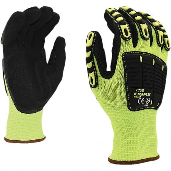 General Purpose Work Gloves: Medium, Nitrile Coated, Polyester Lime, Cotton & Polyester-Lined, Padded Palm Grip, High Visibility