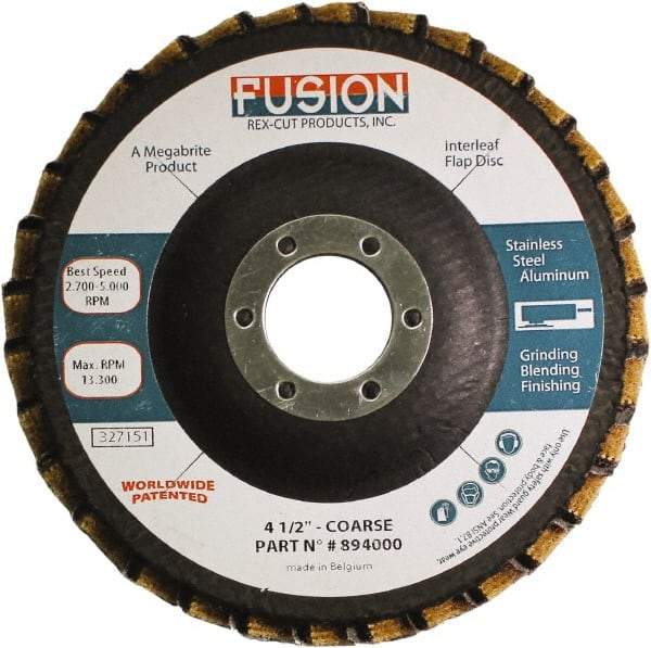 Rex Cut Product - 60 Grit, 4-1/2" Disc Diam, 7/8" Center Hole, Type 29 Aluminum Oxide Flap Disc - 13,300 Max RPM, Fiberglass Backing, Arbor Attaching System, Coated & Non-Woven Combo - Exact Industrial Supply