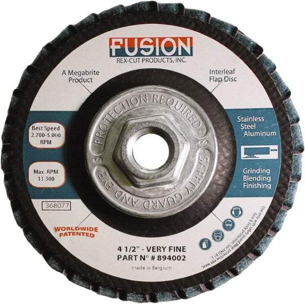 Rex Cut Product - 120 Grit, 4-1/2" Disc Diam, 5/8-11 Center Hole, Type 29 Aluminum Oxide Flap Disc - 13,300 Max RPM, Fiberglass Backing, Arbor Attaching System, Coated & Non-Woven Combo - Exact Industrial Supply