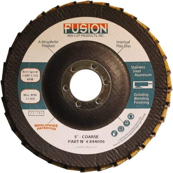 Rex Cut Product - 60 Grit, 5" Disc Diam, 7/8" Center Hole, Type 29 Aluminum Oxide Flap Disc - 12,200 Max RPM, Fiberglass Backing, Arbor Attaching System, Coated & Non-Woven Combo - Exact Industrial Supply