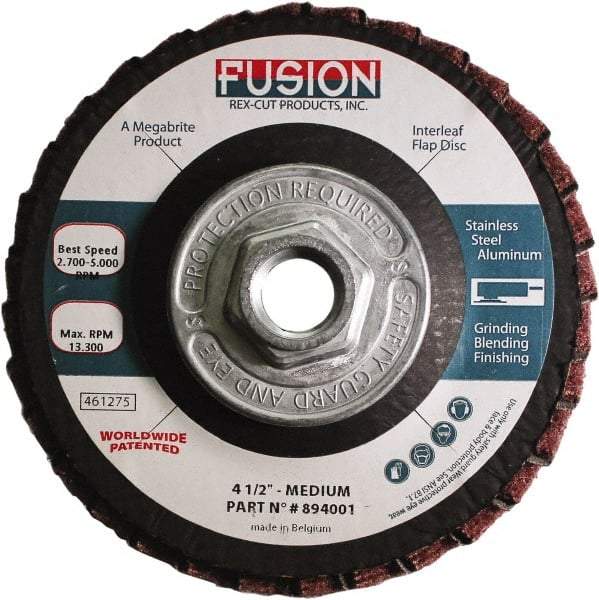 Rex Cut Product - 80 Grit, 4-1/2" Disc Diam, 5/8-11 Center Hole, Type 29 Aluminum Oxide Flap Disc - 13,300 Max RPM, Fiberglass Backing, Arbor Attaching System, Coated & Non-Woven Combo - Exact Industrial Supply