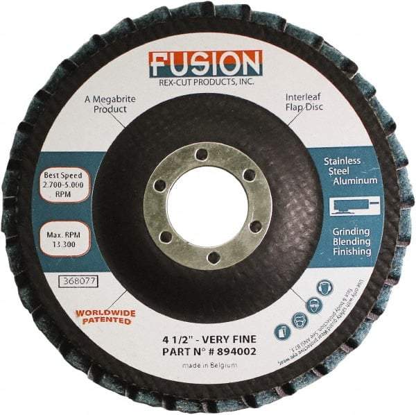 Rex Cut Product - 120 Grit, 4-1/2" Disc Diam, 7/8" Center Hole, Type 29 Aluminum Oxide Flap Disc - 13,300 Max RPM, Fiberglass Backing, Arbor Attaching System, Coated & Non-Woven Combo - Exact Industrial Supply