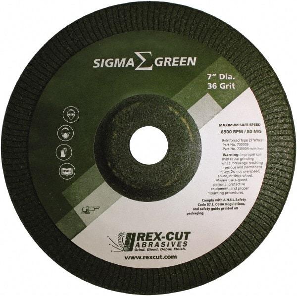 Rex Cut Product - 36 Grit, 7" Wheel Diam, 7/8" Arbor Hole, Type 27 Depressed Center Wheel - Zirconia Alumina/Aluminum Oxide Blend - Exact Industrial Supply