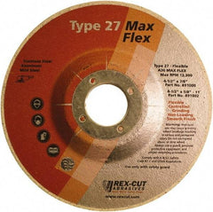 Rex Cut Product - 36 Grit, 4-1/2" Wheel Diam, 3/16" Wheel Thickness, 7/8" Arbor Hole, Type 27 Depressed Center Wheel - Aluminum Oxide, 13,300 Max RPM - Exact Industrial Supply