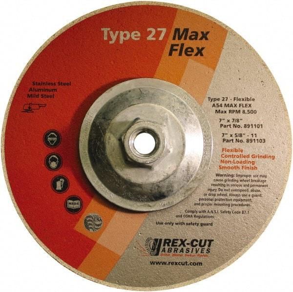 Rex Cut Product - 54 Grit, 7" Wheel Diam, 5/32" Wheel Thickness, Type 27 Depressed Center Wheel - Aluminum Oxide, 8,500 Max RPM - Exact Industrial Supply