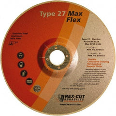 Rex Cut Product - 54 Grit, 7" Wheel Diam, 5/32" Wheel Thickness, 7/8" Arbor Hole, Type 27 Depressed Center Wheel - Aluminum Oxide, 8,500 Max RPM - Exact Industrial Supply