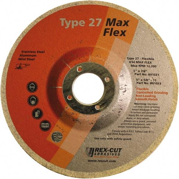 Rex Cut Product - 54 Grit, 5" Wheel Diam, 5/32" Wheel Thickness, 7/8" Arbor Hole, Type 27 Depressed Center Wheel - Aluminum Oxide, 12,200 Max RPM - Exact Industrial Supply