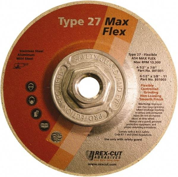Rex Cut Product - 54 Grit, 4-1/2" Wheel Diam, 5/32" Wheel Thickness, Type 27 Depressed Center Wheel - Aluminum Oxide, 13,300 Max RPM - Exact Industrial Supply