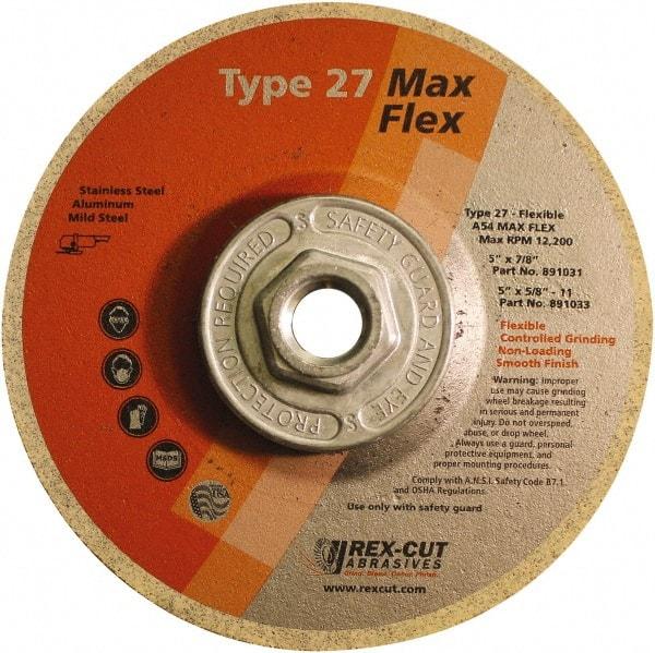 Rex Cut Product - 54 Grit, 5" Wheel Diam, 5/32" Wheel Thickness, Type 27 Depressed Center Wheel - Aluminum Oxide, 12,200 Max RPM - Exact Industrial Supply