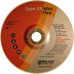 Rex Cut Product - 36 Grit, 7" Wheel Diam, 5/32" Wheel Thickness, 7/8" Arbor Hole, Type 27 Depressed Center Wheel - Aluminum Oxide, 8,500 Max RPM - Exact Industrial Supply