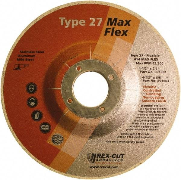Rex Cut Product - 54 Grit, 4-1/2" Wheel Diam, 5/32" Wheel Thickness, 7/8" Arbor Hole, Type 27 Depressed Center Wheel - Aluminum Oxide, 13,300 Max RPM - Exact Industrial Supply