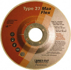 Rex Cut Product - 54 Grit, 4-1/2" Wheel Diam, 5/32" Wheel Thickness, 7/8" Arbor Hole, Type 27 Depressed Center Wheel - Aluminum Oxide, 13,300 Max RPM - Exact Industrial Supply